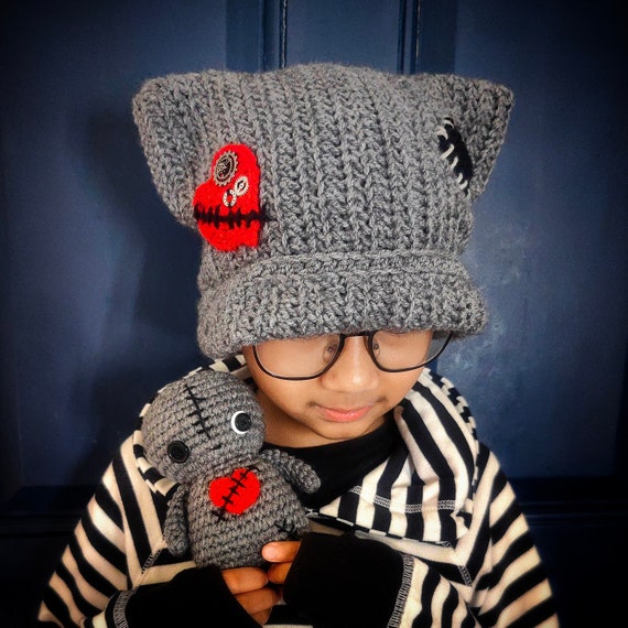 Emo Goth Beanie, Crochet Cat Beanie, Crochet Steampunk Hat, Cat