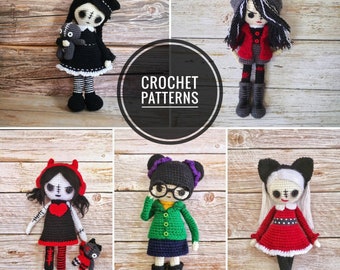 SALE 5 CROCHET PATTERNS Rebellious Grunge Girl, Punk Rock Emo doll amigurumi pattern, halloween crochet doll pattern, Goth Doll patterns