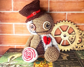 Steampunk voodoo doll, Halloween amigurumi, crochet art doll, creepy cute doll, goth doll, whimsical creature, scary doll, Halloween decor