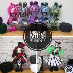 May include: A set of five amigurumi doll crochet patterns. The dolls are dressed in patchwork dresses with different color combinations. The dolls have black eyes, red lips, and black hair. The dolls are wearing black shoes. The text "Amigurumi Pattern Bundle" is in the center of the image.