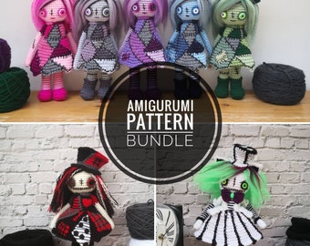3 AMIGURUMI PATTERN BUNDLE Goth Girls, Patchwork dolls, crochet cat, Grunge art dolls, Steampunk dolls, creepy dolls, scary dolls