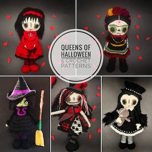May include: Five crochet doll patterns featuring spooky Halloween characters. The dolls are dressed in black, red, and white with various accessories. The title "Queens of Halloween 5 Crochet Patterns" is displayed in a circle.