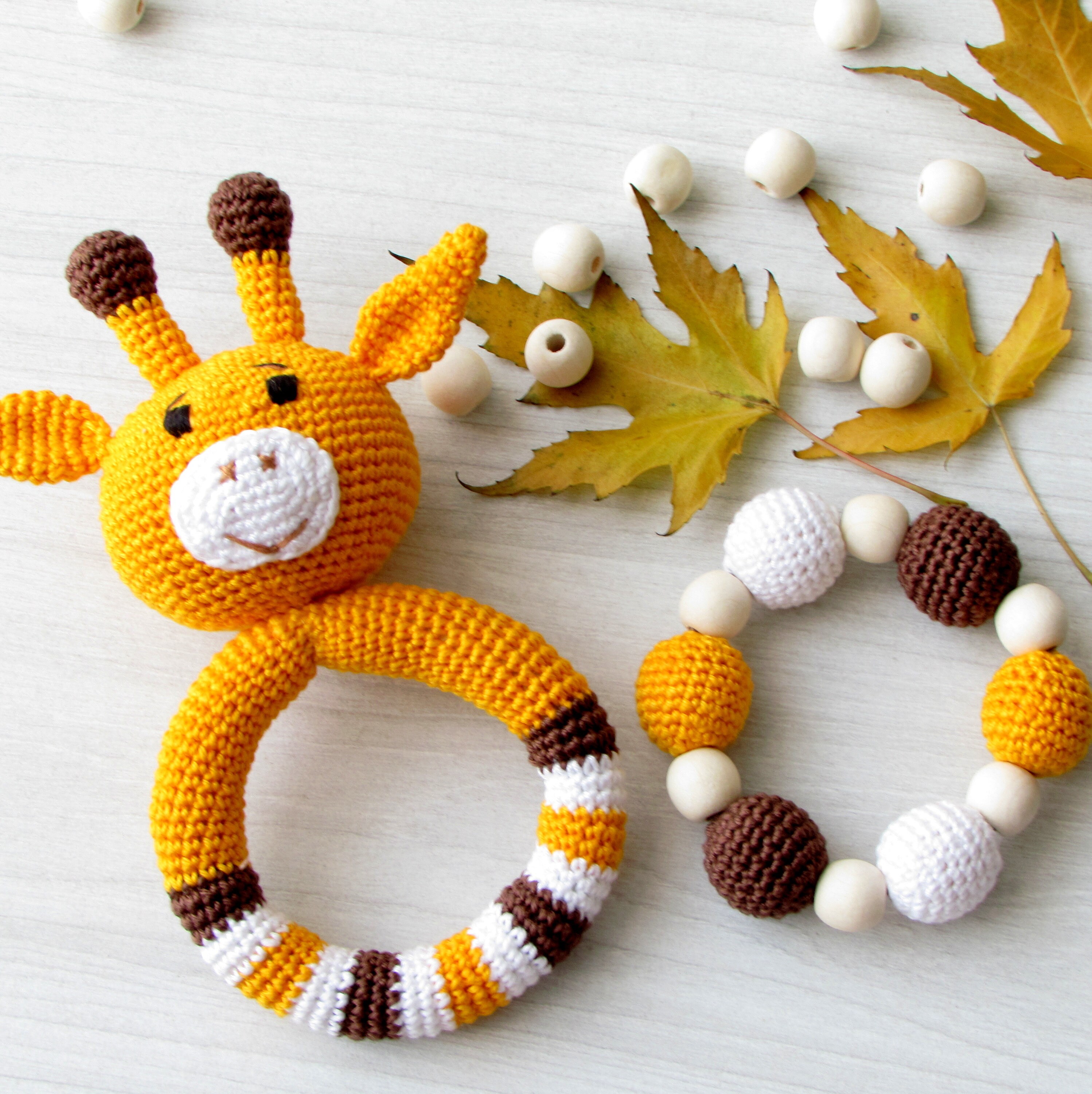 Giraffe baby rattle set crochet toy wooden teething soft Etsy