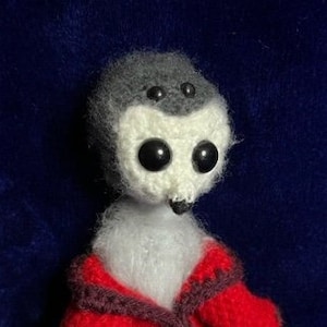 May include: A crocheted owl wearing a red knitted cardigan. The owl has black eyes and a grey and white body.