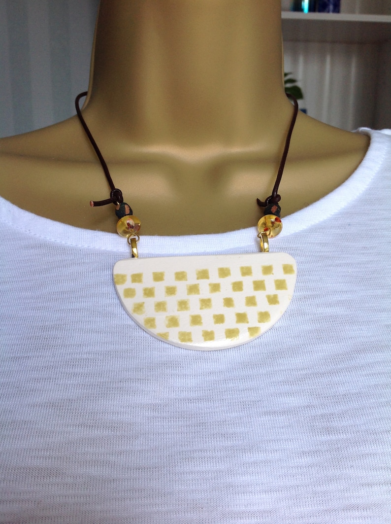minimalist gift for her,leather and gold indigo eve jewellery geometric Ceramic bib Necklace contemporary