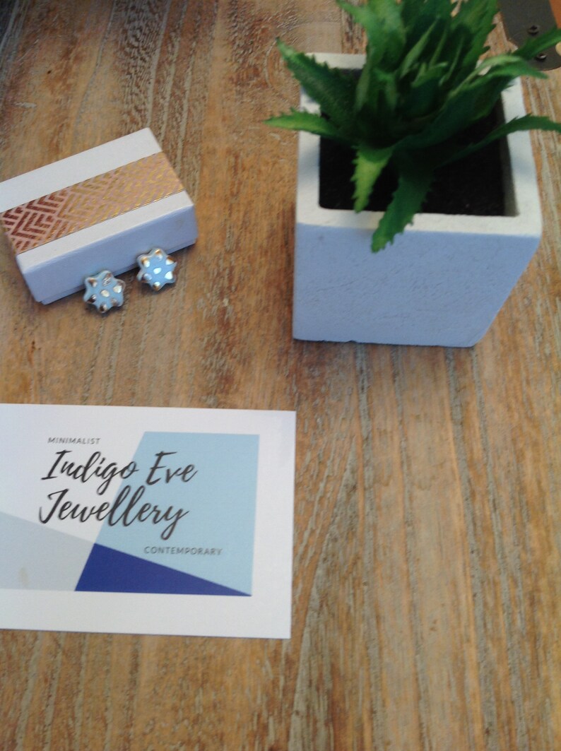 indigo eve jewellery minimalist, Blue Flower Stud Earrings gift for her hand painted pale blue studs 22k gold unusual gift