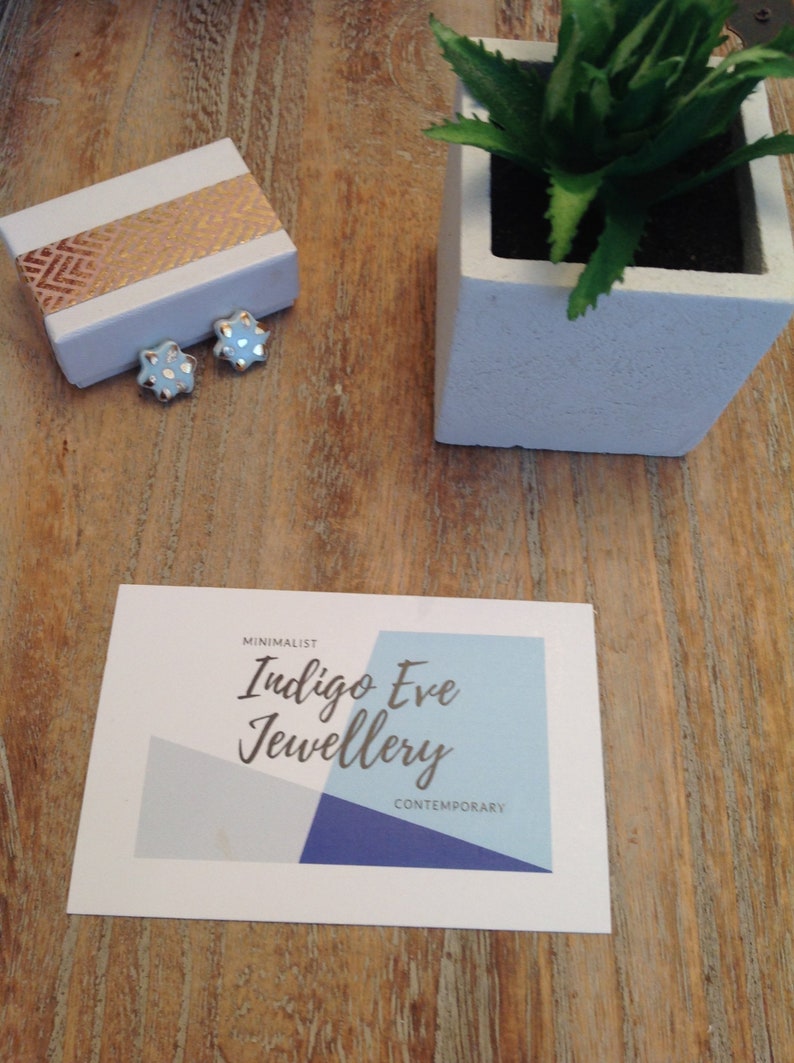 indigo eve jewellery minimalist, Blue Flower Stud Earrings gift for her hand painted pale blue studs 22k gold unusual gift