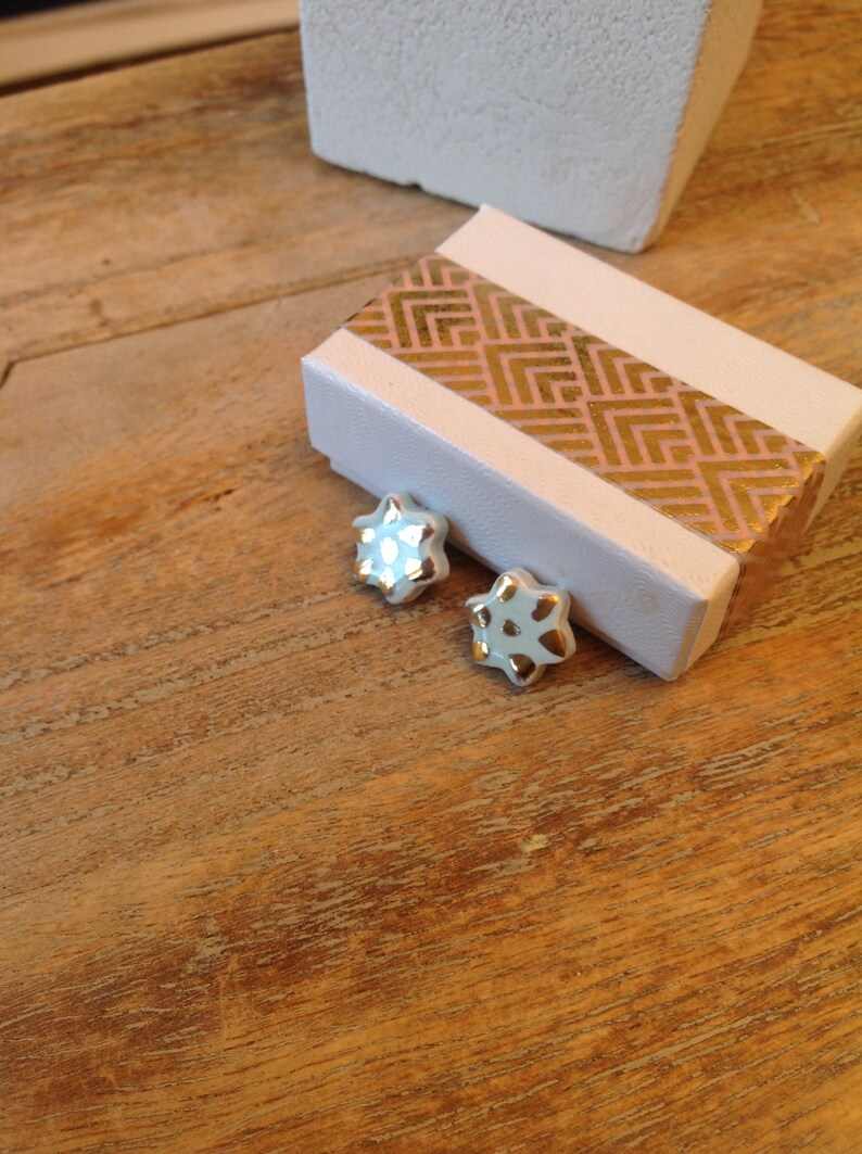 indigo eve jewellery minimalist, Blue Flower Stud Earrings gift for her hand painted pale blue studs 22k gold unusual gift