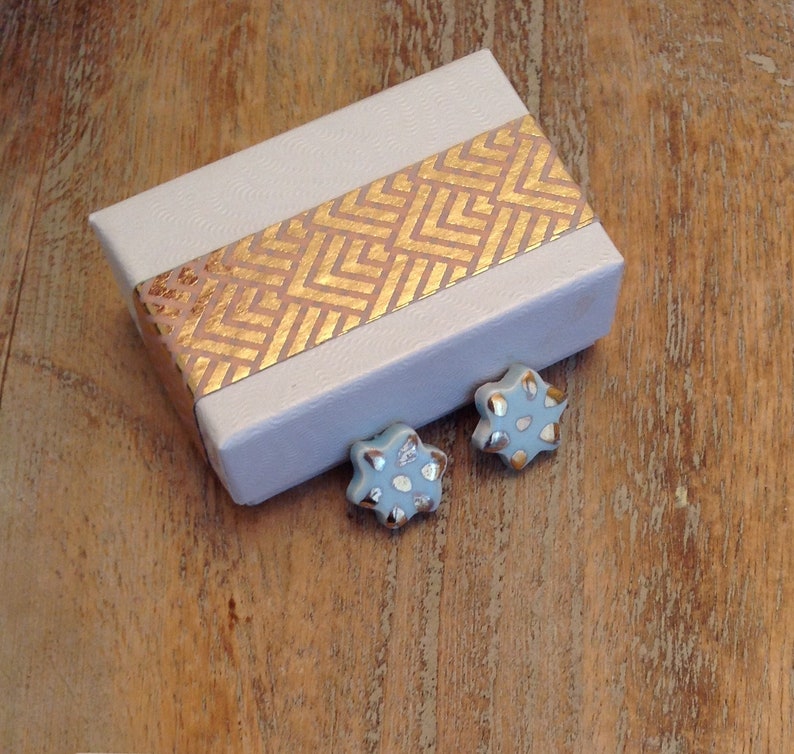 indigo eve jewellery minimalist, Blue Flower Stud Earrings gift for her hand painted pale blue studs 22k gold unusual gift
