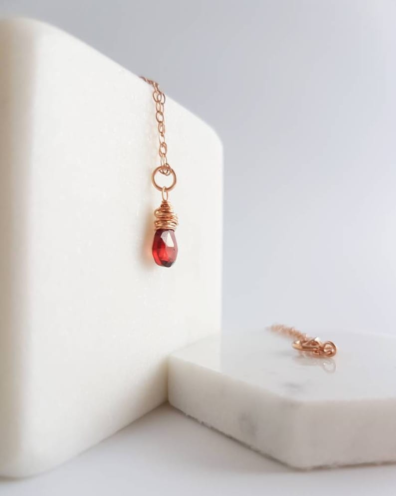 Single Gemstone Necklace \u2013 Red Garnet Necklace \u2013 January Birthstone Jewelry \u2013 Delicate Necklace \u2013 Rose Gold Fill \u2013 Birthday Gift for Her