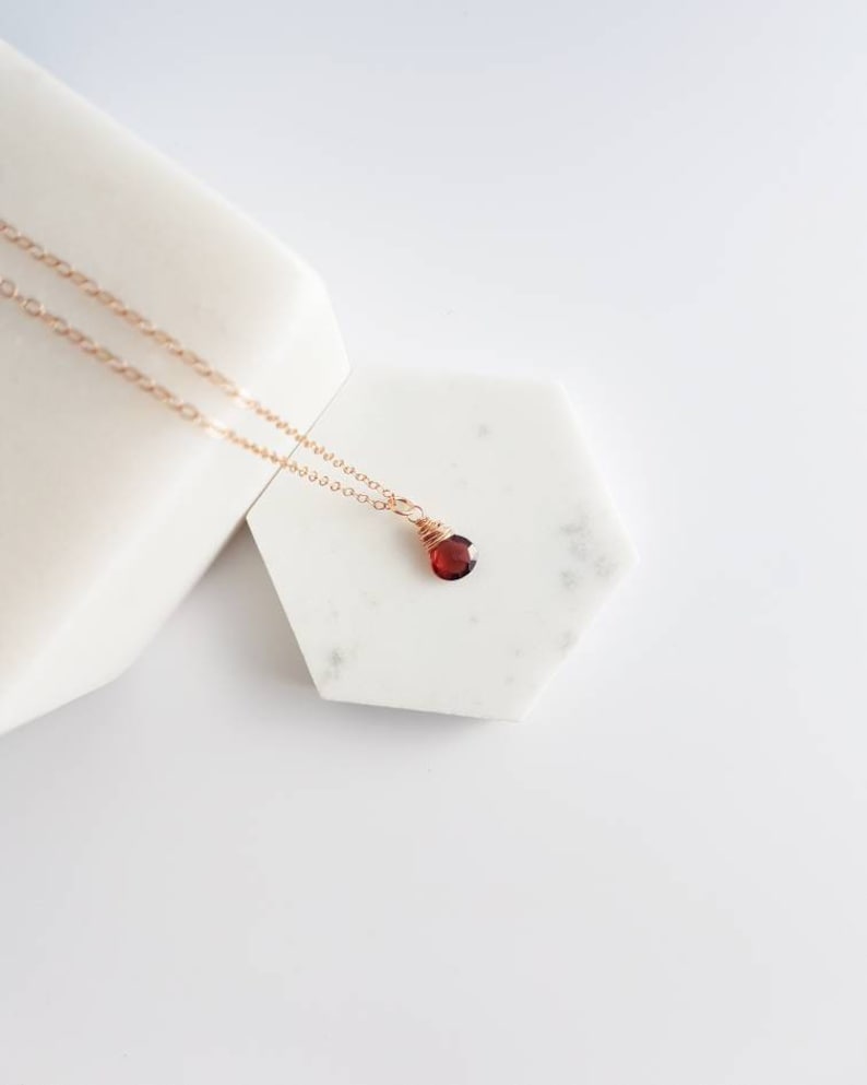 Single Gemstone Necklace \u2013 Red Garnet Necklace \u2013 January Birthstone Jewelry \u2013 Delicate Necklace \u2013 Rose Gold Fill \u2013 Birthday Gift for Her