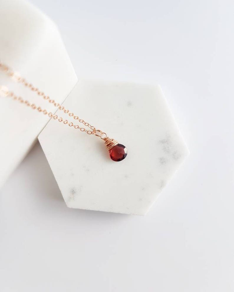 Single Gemstone Necklace \u2013 Red Garnet Necklace \u2013 January Birthstone Jewelry \u2013 Delicate Necklace \u2013 Rose Gold Fill \u2013 Birthday Gift for Her