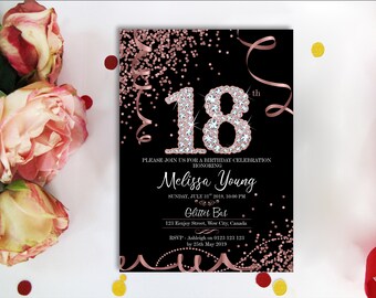 18th Birthday Invitations Rose Gold Diamonds 18th Birthday Invitation Black And Confetti Invite Digital