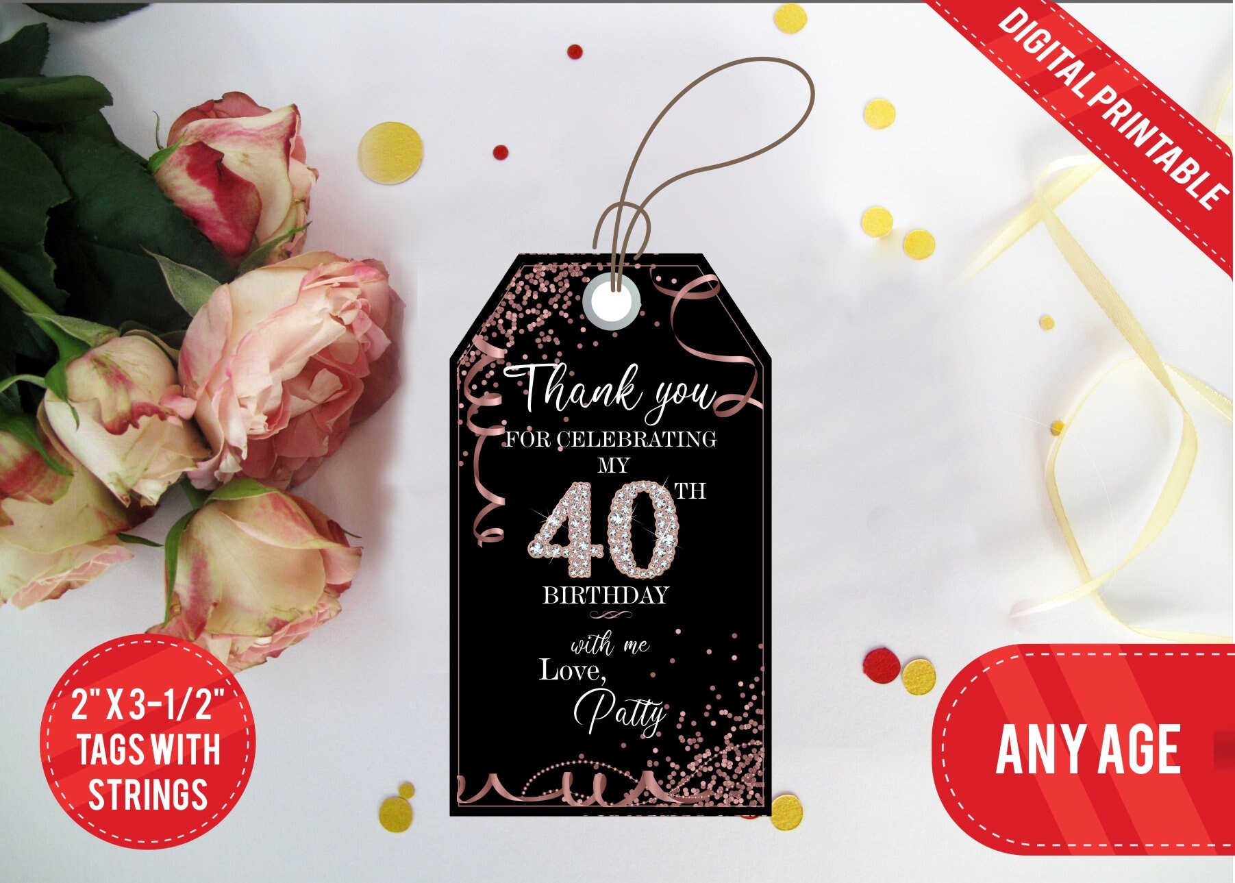 Rose Gold Diamonds Printable Gift Tags 40th BIRTHDAY Thank You Etsy