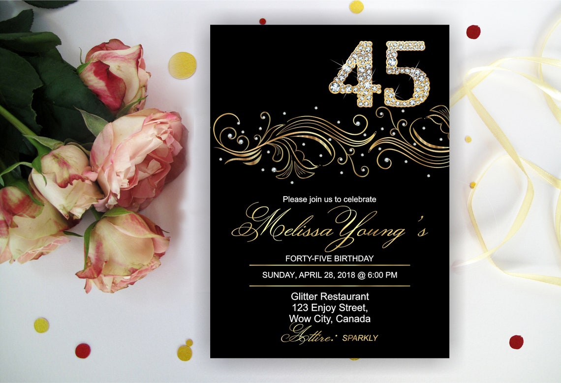 55TH BIRTHDAY INVITATIONS Black And Floral Ornament Surprise | Etsy