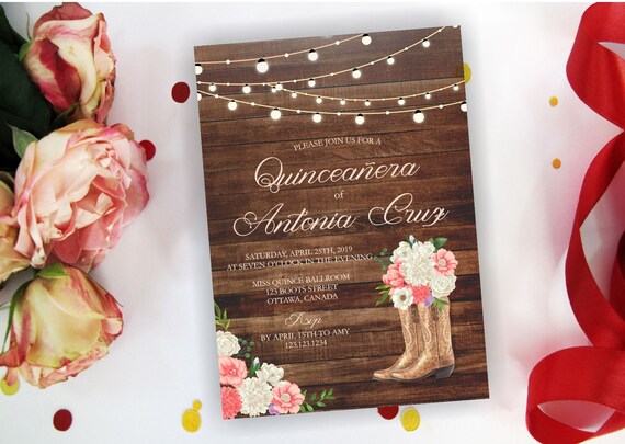 Rustic Flowers Western Theme Quinceanera Invitation Rustic Etsy