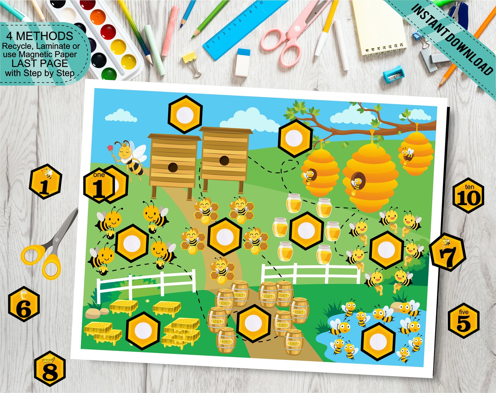 Count and Match Bee Number Game Cut and Play Etsy