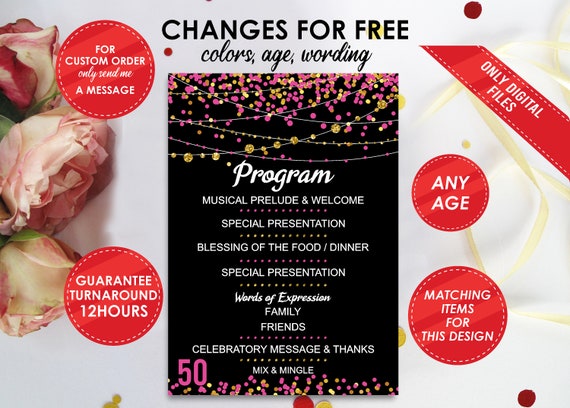 50th-birthday-party-program-pink-gold-glitter-twinkle-light-etsy