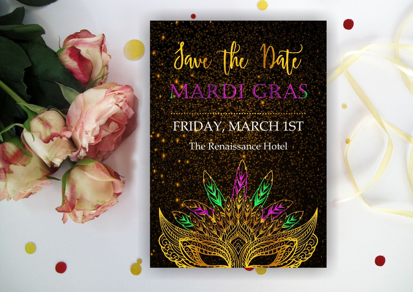 save the date mardi gras mask
