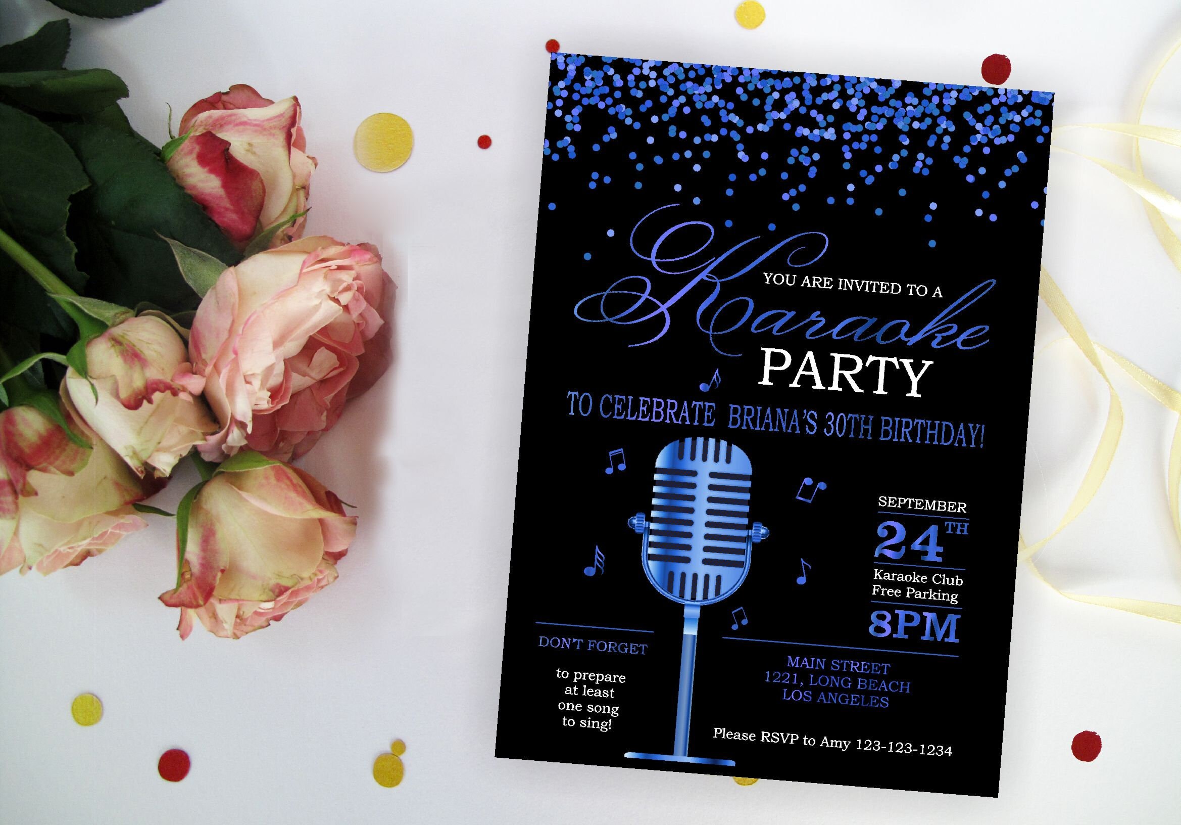 Royal Blue Glitter Karaoke Party Invitation. Adult Karaoke Etsy