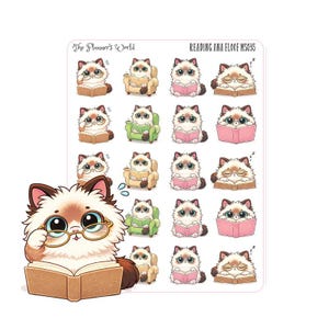 May include: A sheet of stickers featuring cartoon cats reading books. The cats are depicted in various poses, some wearing glasses, sitting in chairs, and sleeping. The stickers have a white background with text that reads "The Planner's World" and "READING ANA FLOOF MS035".