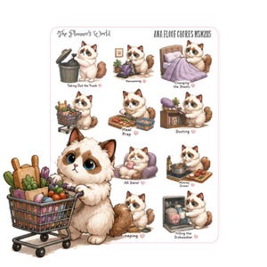May include: A sticker sheet titled The Planner's World ANA FLOOF CHORES MSM2115 featuring illustrations of a fluffy cat performing household tasks like vacuuming, dusting, meal prep, changing sheets, and using a dishwasher, with a large cat pushing a cart.