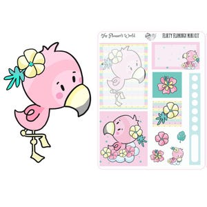 Flamingo Journaling Stickers – Cute Tropical Mini Planner Sticker Kit with Hibiscus Flowers – KIT-008 WEEKLY || Flirty Flamingo