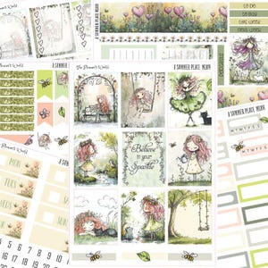 May include: A collection of planner stickers with watercolor illustrations. The stickers feature whimsical scenes with fairies, bees, and floral elements. Text includes "Believe in your Sparkle" and calendar days.