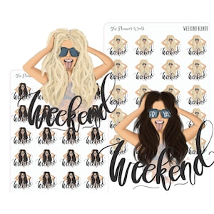 May include: A set of 24 planner stickers featuring two different illustrations of women with sunglasses and the word "Weekend" written in black. One woman has blonde hair and is sticking her tongue out. The other woman has brown hair and is wearing sunglasses that say "FRIYAY".