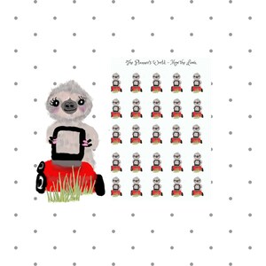 May include: A sheet of 36 planner stickers featuring a sloth driving a red lawnmower. The text "The Planner's World - Mow the Lawn" is at the top of the sheet.