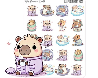 Kawaii Capybara Planner Stickers – Cute Animal Character Sticker Sheet – Sleepytime Capy