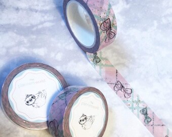KIT-230 WASHI || Sparkly Weeks - Pastel Pink and Blue Winter Plaid Bows Washi Tape - 15mm x 10m