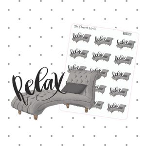 May include: A set of 10 planner stickers featuring a gray tufted chaise lounge with a pillow and the word "Relax" in black script. The stickers are on a white background with gray polka dots.