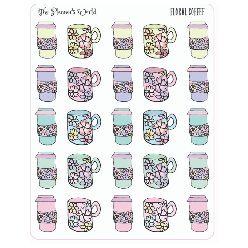 Op de afbeelding: Een stickervel met illustraties van bloemenkoffiekopjes en reismokken in pasteltinten. De mokken en bekers zijn versierd met roze, gele en blauwe bloempatronen. De tekst "The Planner's World" en "FLORAL COFFEE" zijn zichtbaar.