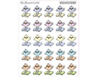 May include: A sheet of 24 colorful stickers featuring cartoon birds standing on scales. The stickers say "Weigh in Featherby" at the top.