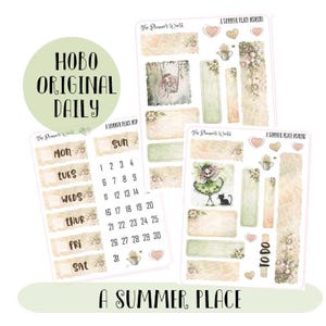 May include: A collection of planner stickers with a watercolor aesthetic. The stickers feature floral designs, calendar elements, and illustrations of a girl on a swing and a girl with a black cat. The text includes "HOBO ORIGINAL DAILY" and "A SUMMER PLACE".