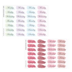 May include: Two sticker sheets with days of the week in elegant cursive script. Each day is set on a watercolor stroke in pastel colors. The top sheet has a chiffon color palette, and the bottom sheet has a cerise color palette.