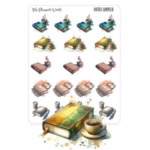 May include: A set of 15 planner stickers featuring watercolor illustrations of books and coffee cups. The stickers are arranged in a grid pattern and feature a variety of colors and designs. The text "The Planner's World" and "Coffee Sampler" are visible at the top of the image.