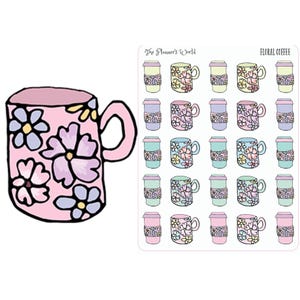 Op de afbeelding: Een roze koffiemok met een bloemenontwerp en een vel stickers met bloemenkoffiekopjes en to-go bekers. De stickers zijn gelabeld met "The Planner's World" en "Floral Coffee."