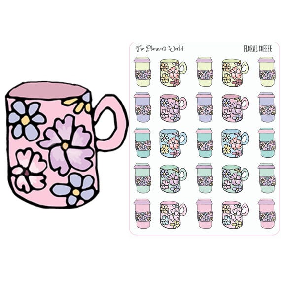 Pastel Floral Coffee Cup Planner Stickers – Cute Coffee Mug Deco Sheet for Journals and Scrapbooks