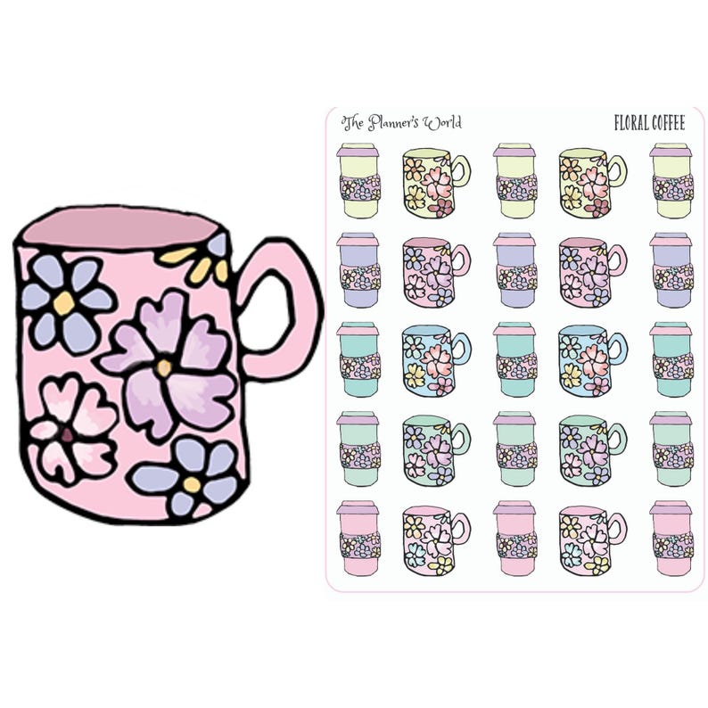 Op de afbeelding: Een roze koffiemok met een bloemenontwerp en een vel stickers met bloemenkoffiekopjes en to-go bekers. De stickers zijn gelabeld met "The Planner's World" en "Floral Coffee."