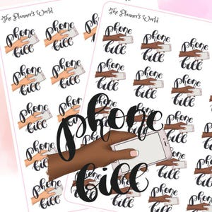 May include: A sheet of stickers with a repeated pattern of hands holding a phone with the text "Phone Bill" in black script. The stickers are on a white background.
