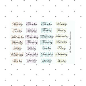 May include: Four sets of colorful day of the week stickers with a white background. Each set has a different color scheme: pink, blue, yellow, and green. The text "The Planner's World + Glamour Dates" is on the right side of the image.
