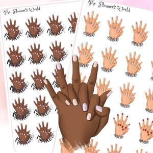 May include: A sheet of stickers featuring various hand designs with different colored nail polish. The stickers are labeled "The Planner's World" and "Manicure".