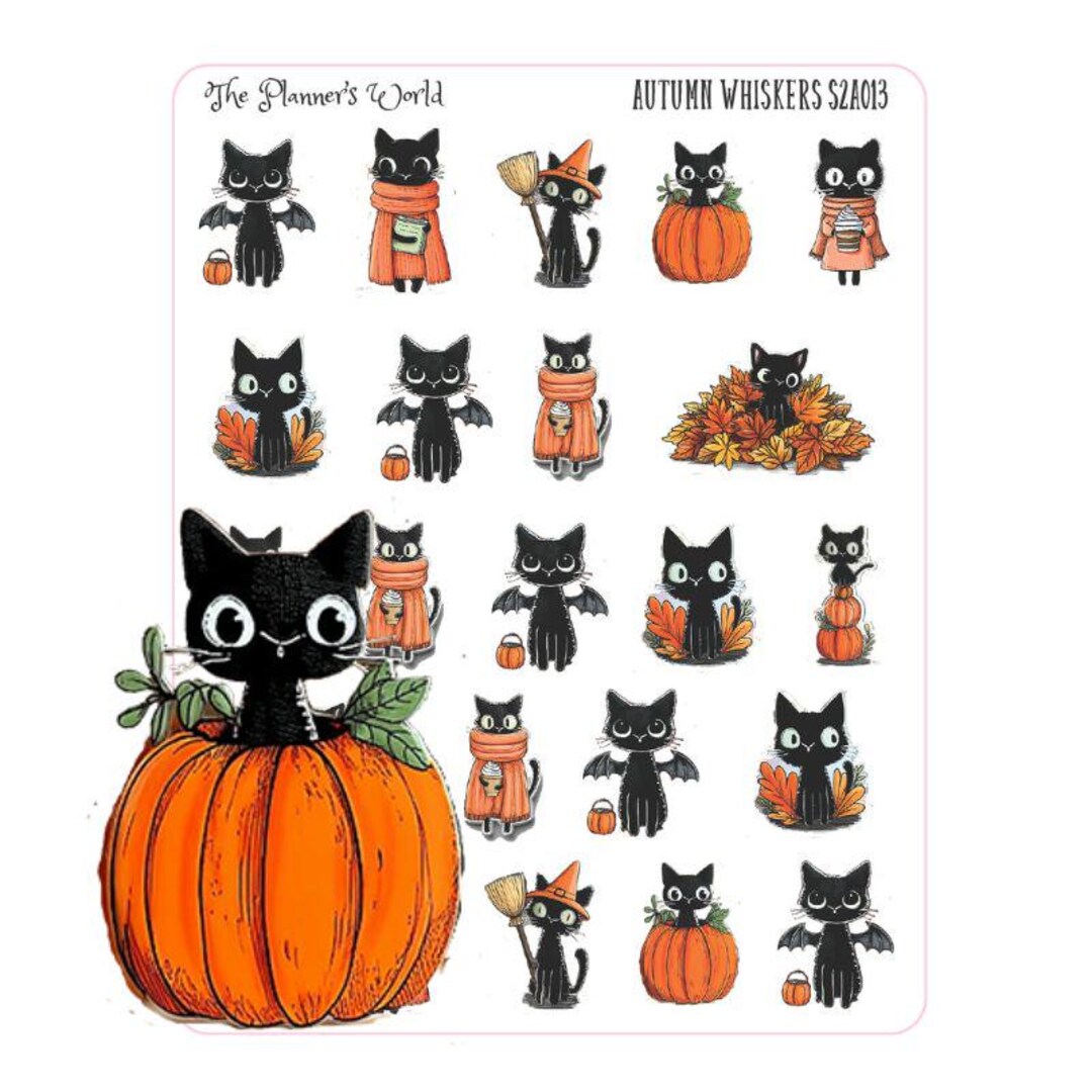 Black Cat Character Stickers - Kawaii Autumn Sticker Sheet -autumn ...