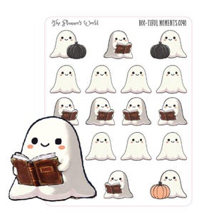 May include: Sheet of stickers featuring cartoon ghosts with smiling faces. Some ghosts hold books, others are next to black pumpkins or a light orange pumpkin. Text reads "The Planner's World" and "BOO-TIFUL MOMENTS C040".