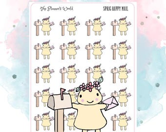 Può includere: Un foglio di 16 adesivi per planner con un simpatico personaggio dei cartoni animati che tiene una lettera e sta in piedi accanto a una cassetta delle lettere. Il personaggio indossa una corona di fiori e un vestito giallo. Il testo "SPRIG HAPPY MAIL" è in cima al foglio.