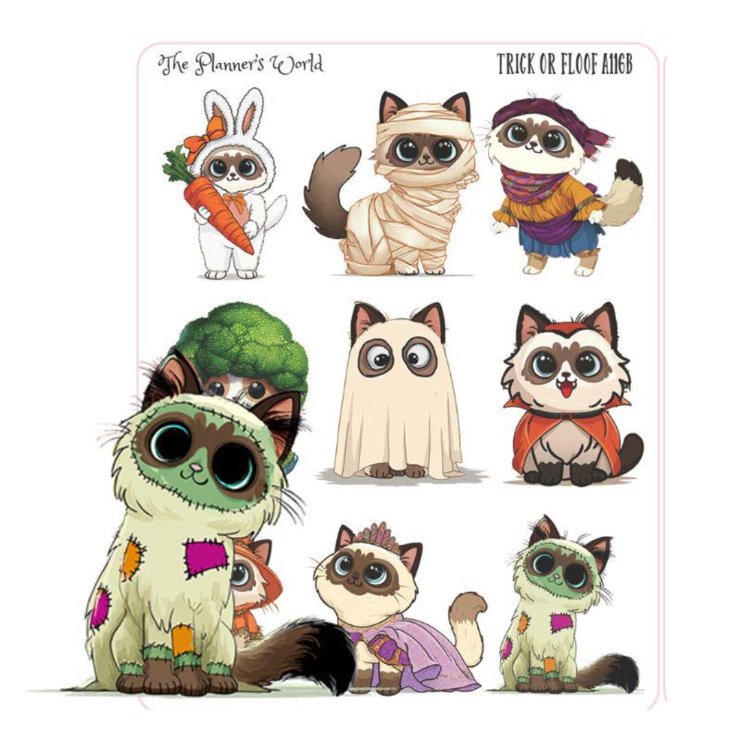 Kawaii Cat Halloween Stickers – Cute Cats in Costumes for Planners ...