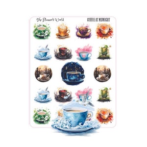 May include: A sheet of stickers featuring watercolor illustrations of coffee cups in various settings. The stickers are titled "Coffee at Midnight" and "The Planner's World".
