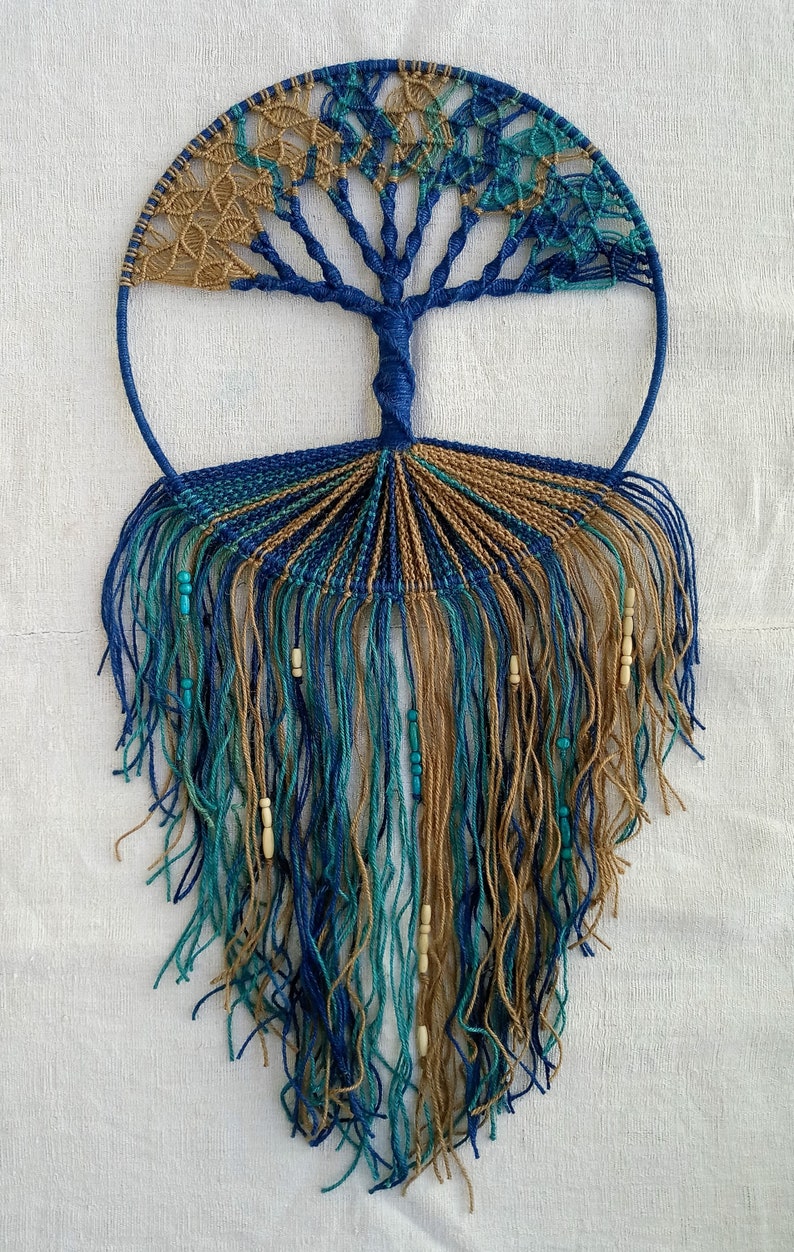 Turquoise Handmade Macrame Wall Hanging Tree of Life Beige Blue